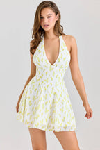 Lemon Floral Print Georgette Halter Neck Mini Dress  Gemma Chic