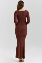 Khrysta Chocolate Brown Draped Summer Knit Maxi Dress  Gemma Chic