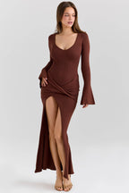 Khrysta Chocolate Brown Draped Summer Knit Maxi Dress  Gemma Chic