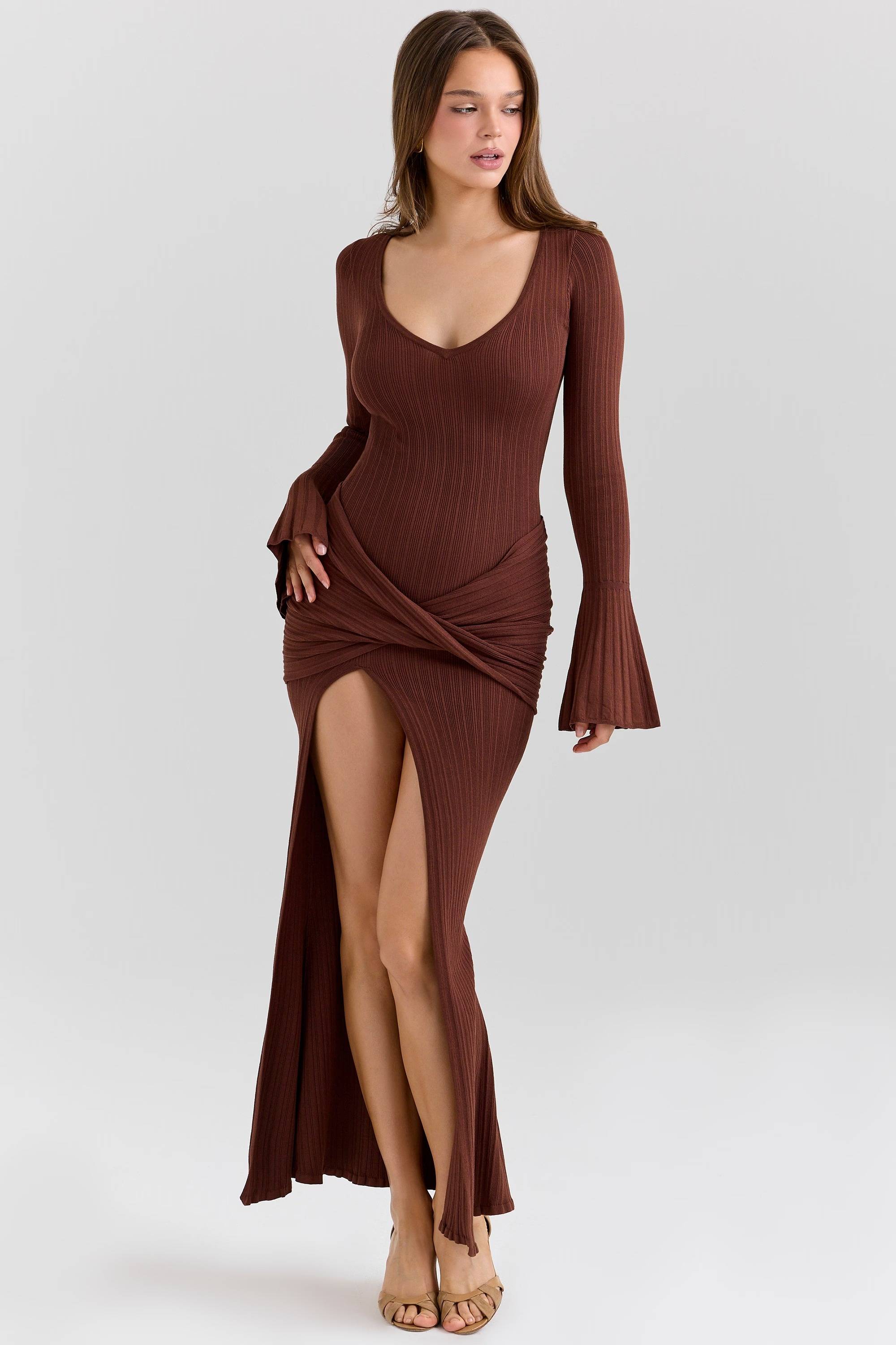 Khrysta Chocolate Brown Draped Summer Knit Maxi Dress  Gemma Chic