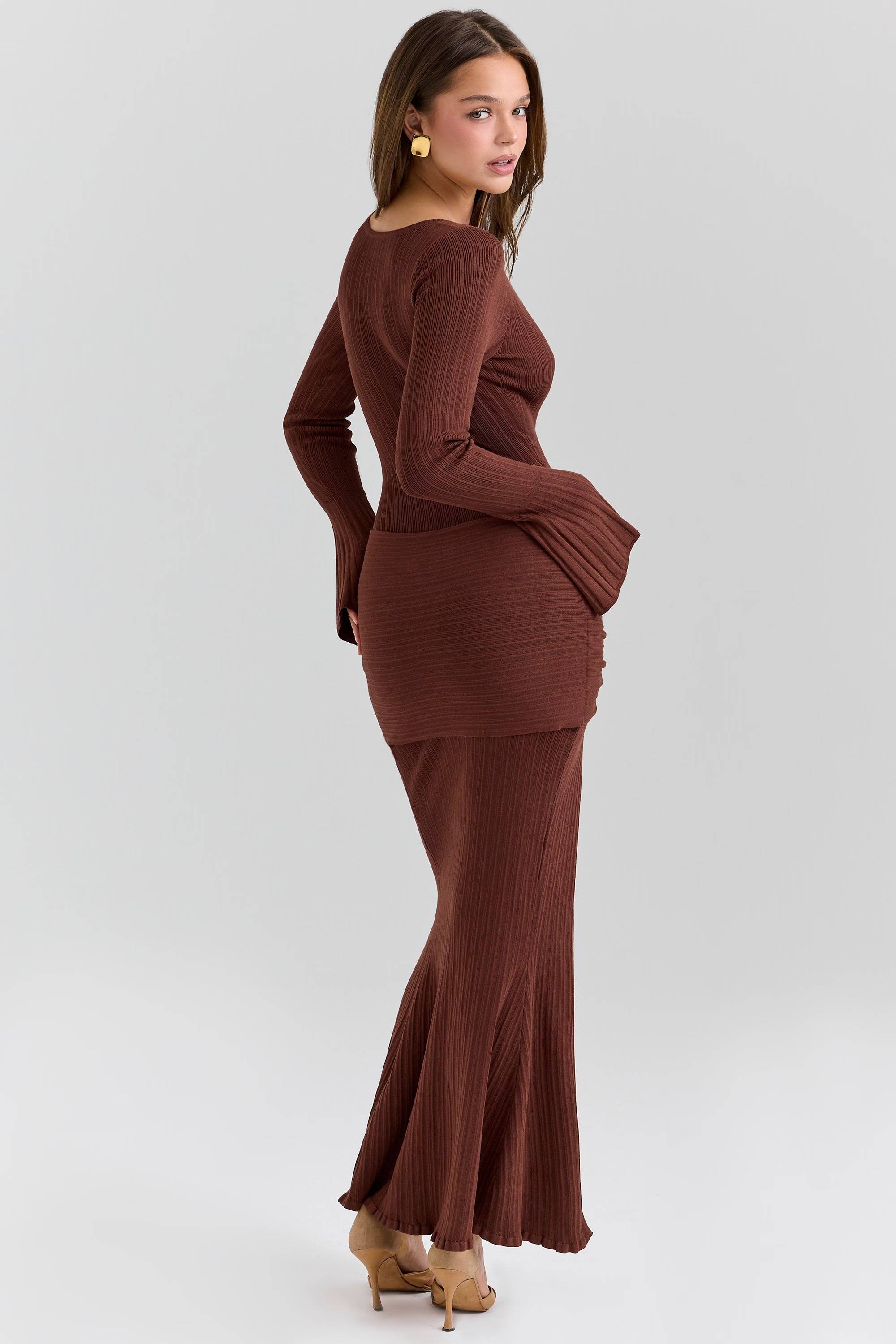 Khrysta Chocolate Brown Draped Summer Knit Maxi Dress  Gemma Chic