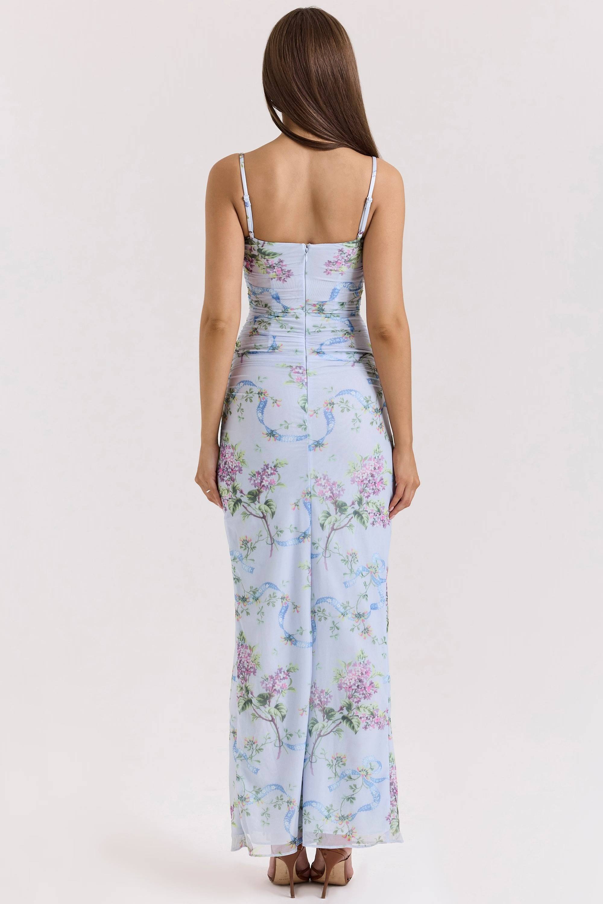 LINI Blue Floral Print Mesh Maxi Dress  Gemma Chic