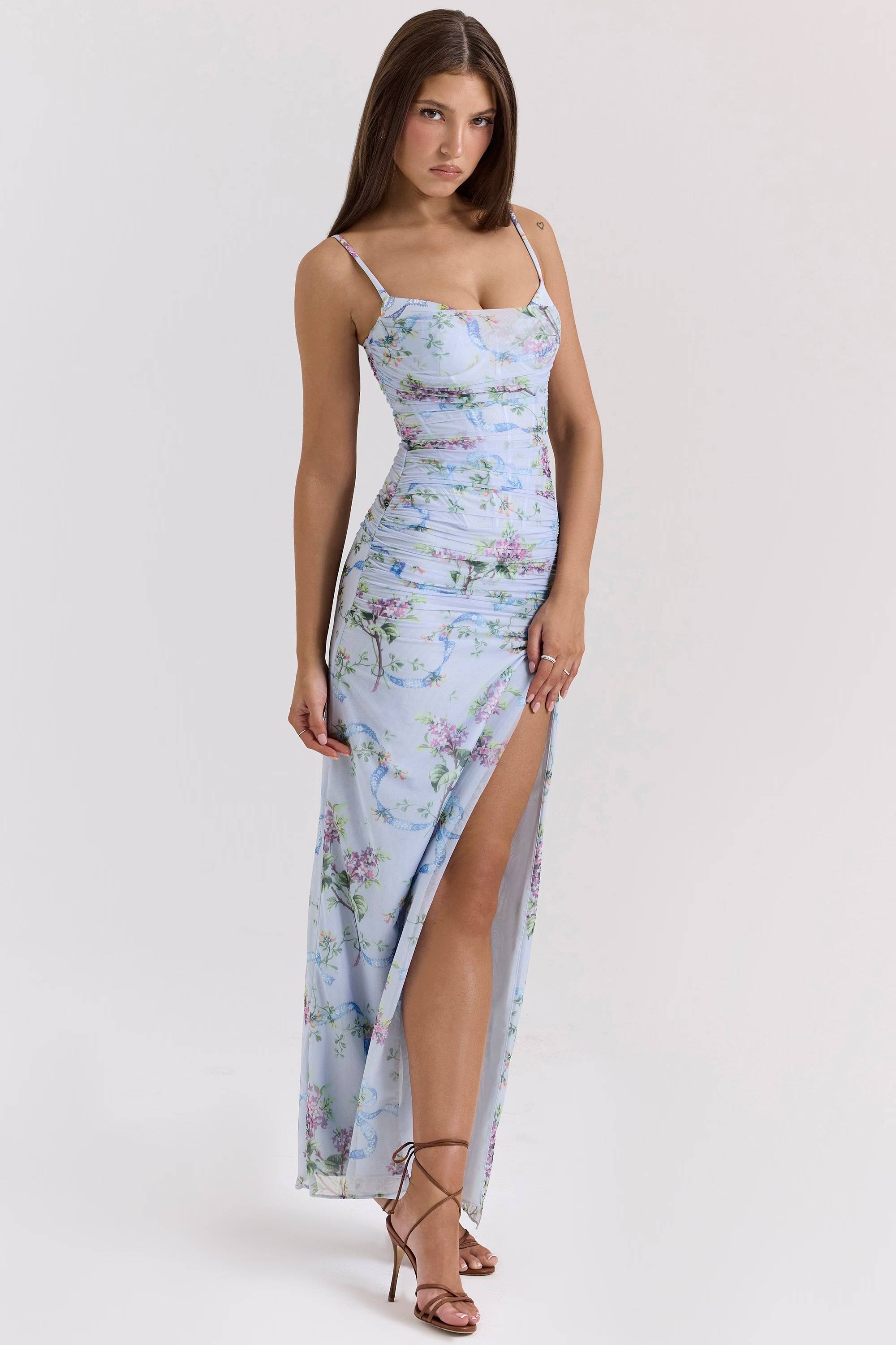 LINI Blue Floral Print Mesh Maxi Dress  Gemma Chic