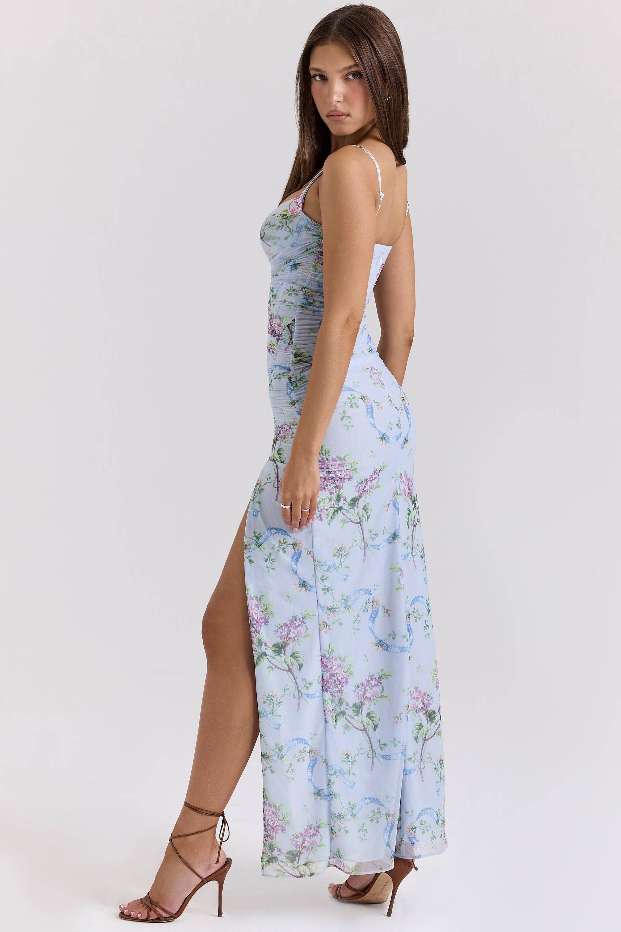 LINI Blue Floral Print Mesh Maxi Dress  Gemma Chic