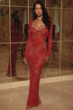 LUCIENNE Red Lace Embroidered Maxi Dress - Limited Edition  GEMMACHIC