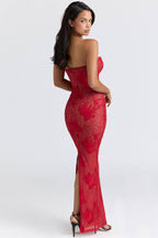 LUCIENNE Red Lace Embroidered Maxi Dress - Limited Edition  GEMMACHIC