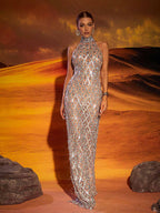 Liora Sequin Crystal Maxi Dress In Light Nude  GEMMACHIC