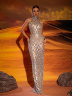 Liora Sequin Crystal Maxi Dress In Light Nude  GEMMACHIC