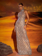 Liora Sequin Crystal Maxi Dress In Light Nude  GEMMACHIC