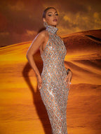 Liora Sequin Crystal Maxi Dress In Light Nude  GEMMACHIC