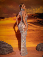 Liora Sequin Crystal Maxi Dress In Light Nude  GEMMACHIC