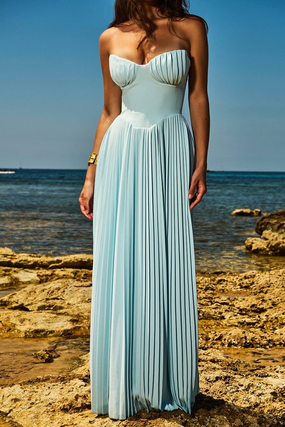 MARCELLA Ocean Blue Pleated Maxi Dress  GEMMACHIC