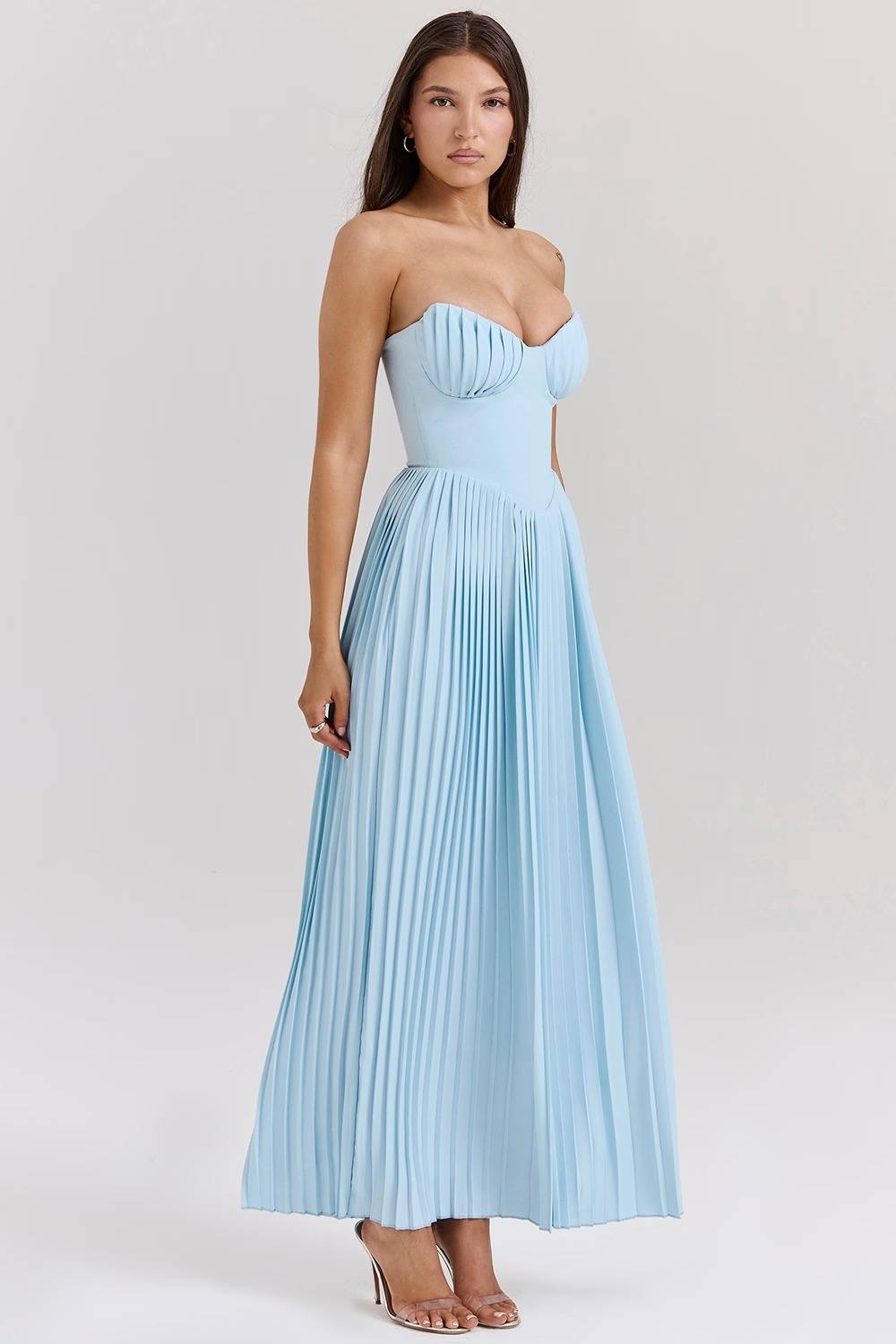 MARCELLA Ocean Blue Pleated Maxi Dress  GEMMACHIC