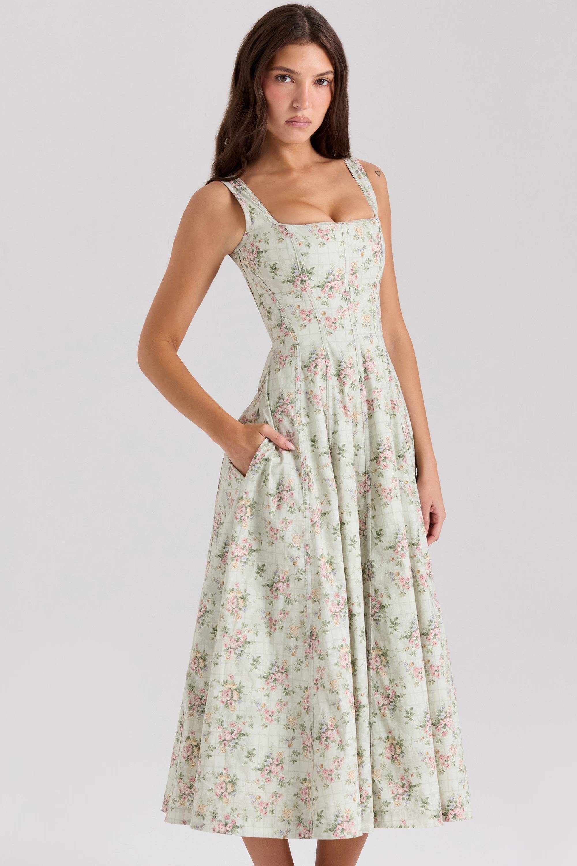 MARIABELLA Sage Floral Print Cotton Midi Dress  Gemma Chic
