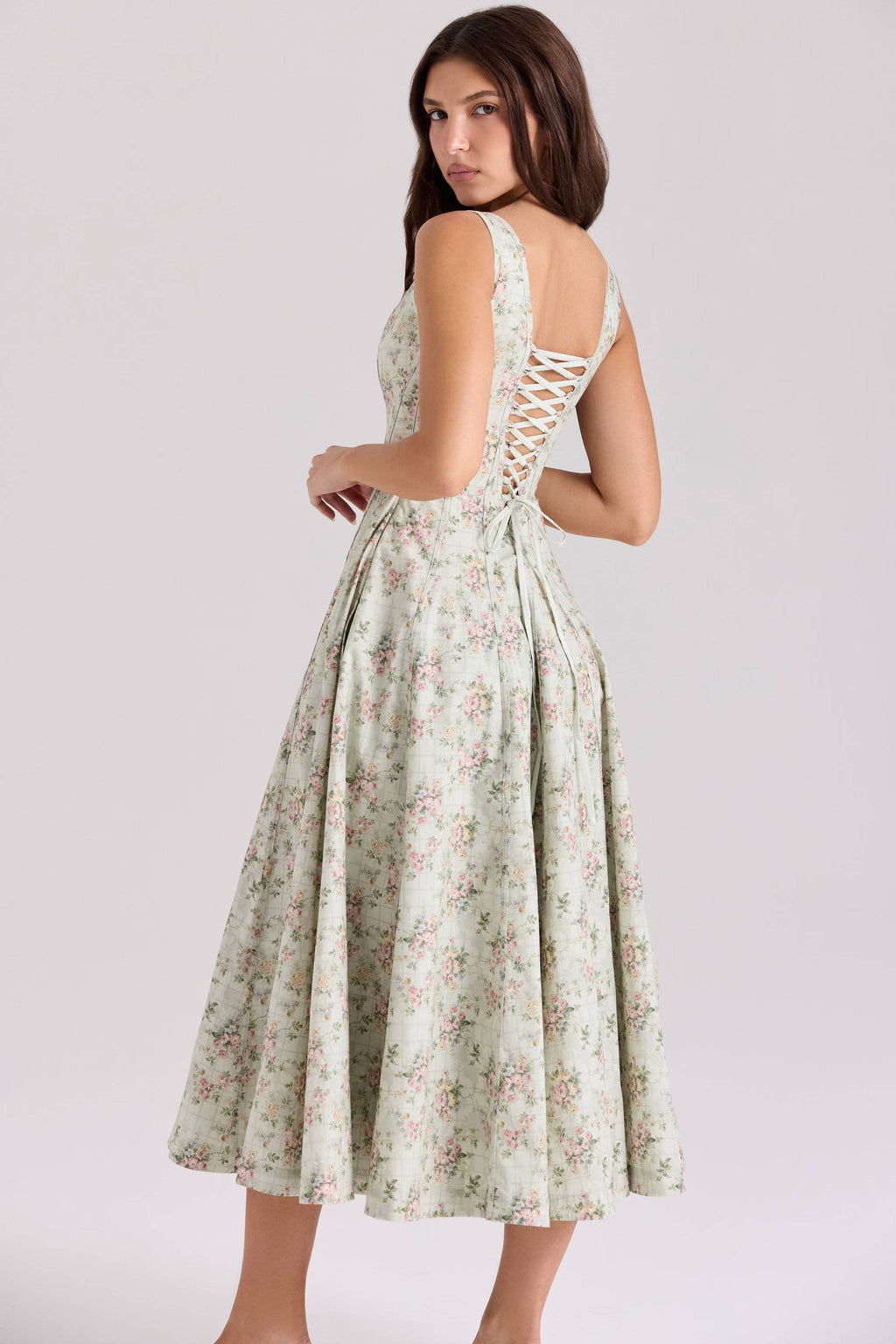MARIABELLA Sage Floral Print Cotton Midi Dress  Gemma Chic