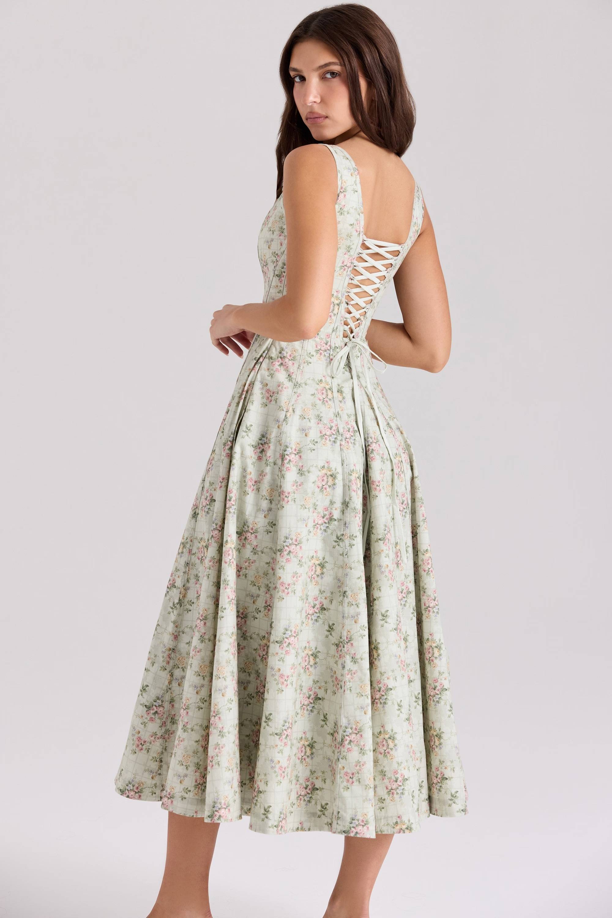 MARIABELLA Sage Floral Print Cotton Midi Dress  Gemma Chic