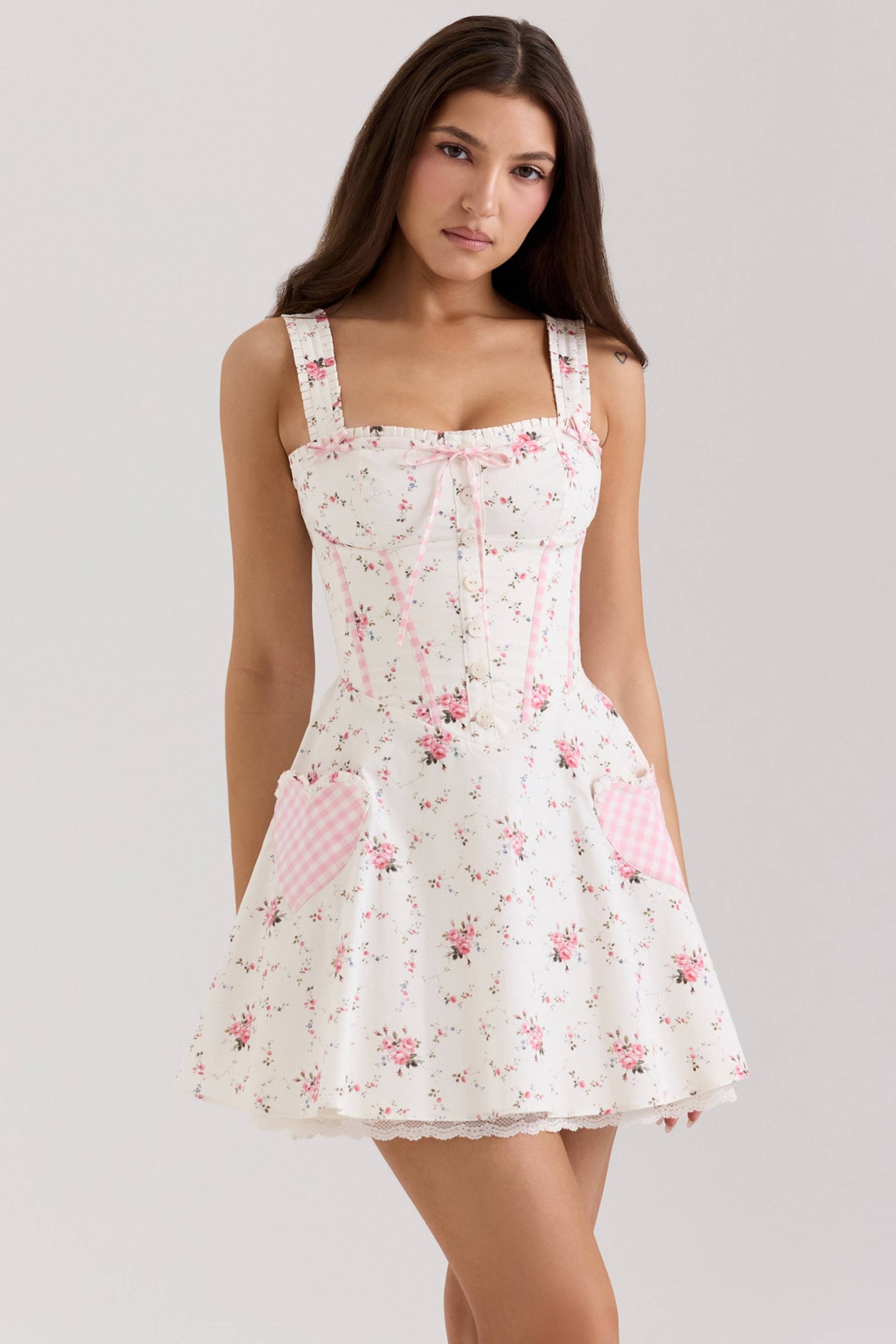 MARIANELLA Cream Rose Print Stretch Cotton Mini Dress  Gemma Chic