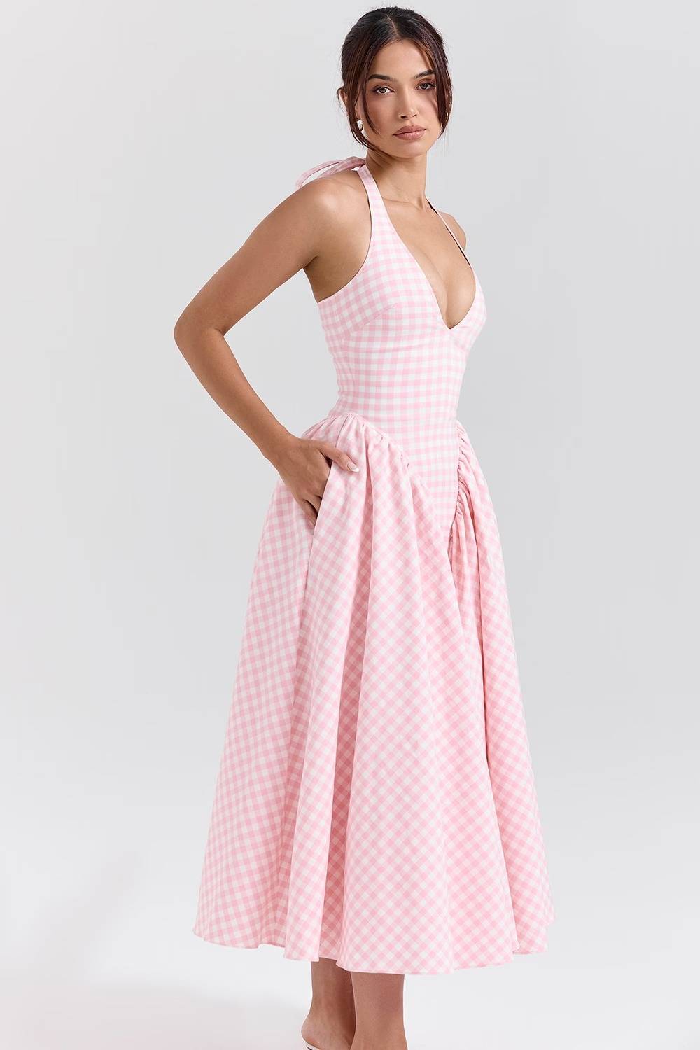 MARILYN Strawberry Shortcake Gingham Halter Midi Sundress  Gemma Chic