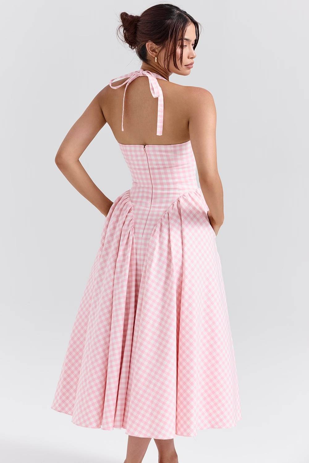 MARILYN Strawberry Shortcake Gingham Halter Midi Sundress  Gemma Chic