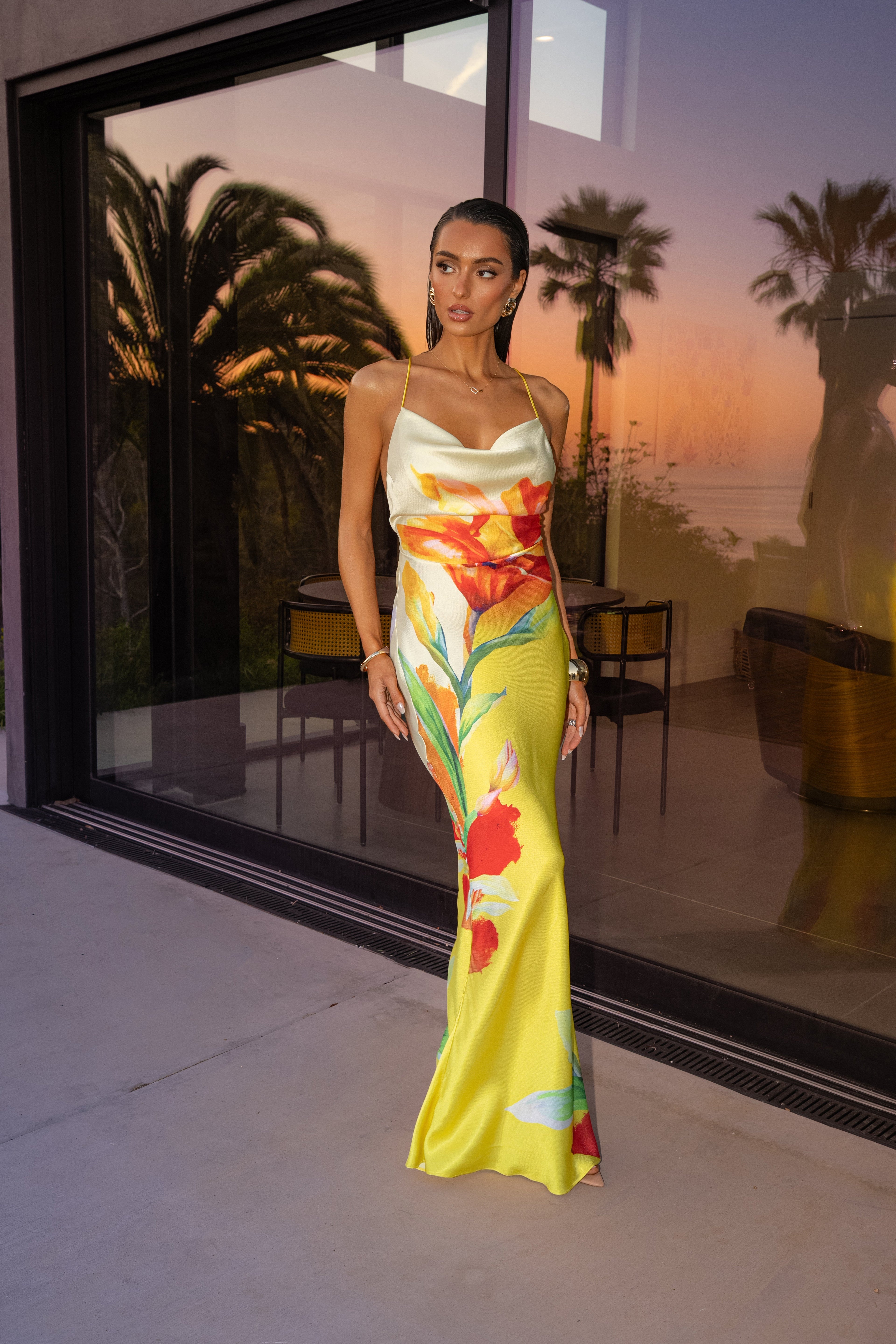 Yellow Satin Floral Print Maxi Dress
