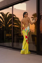 Yellow Satin Floral Print Maxi Dress