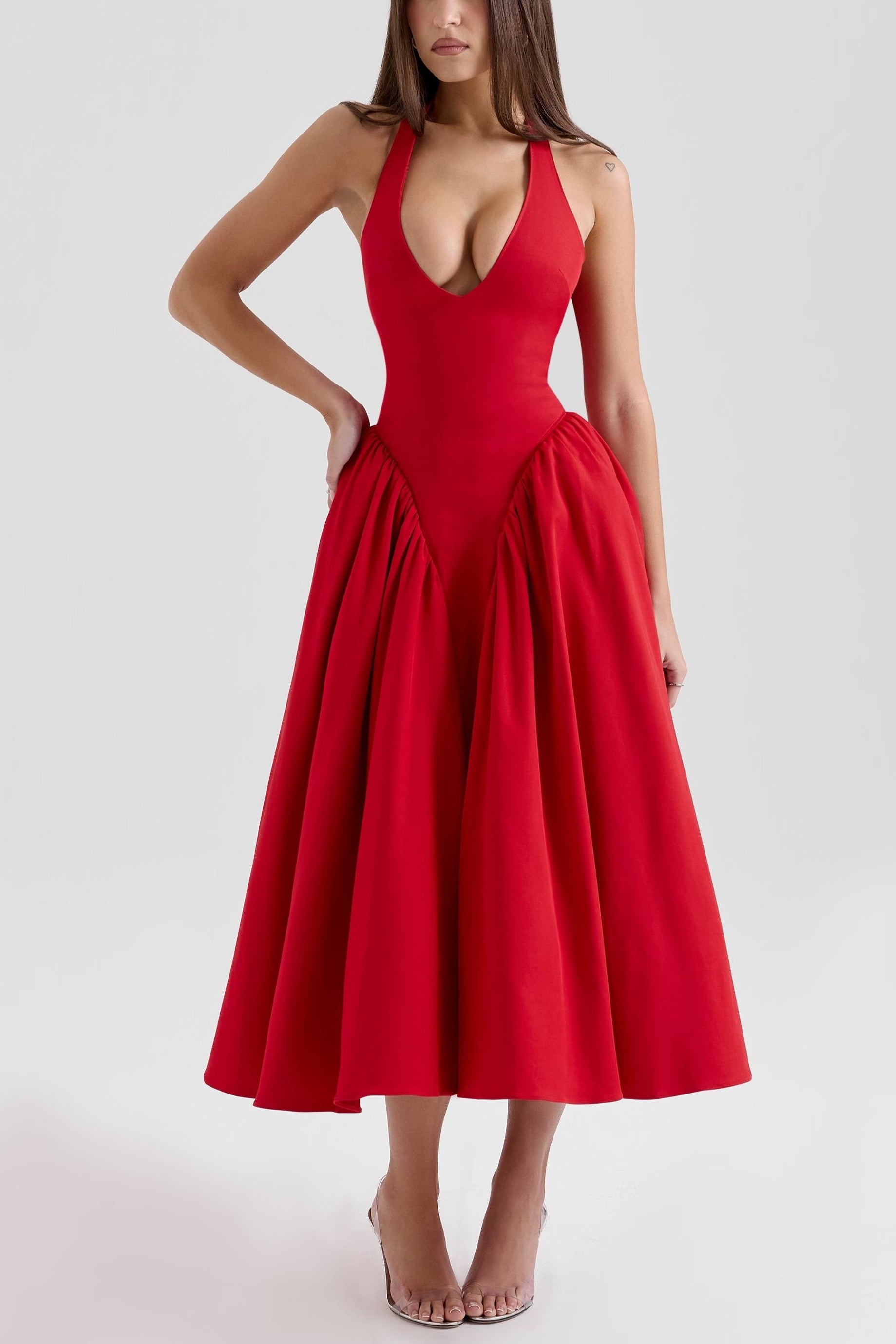 Marilyn_red_twill_halter_midi_dress