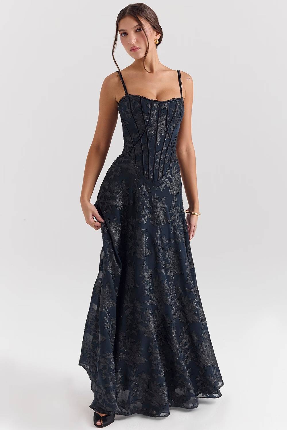Midnight Blue Lurex Chiffon Maxi Dress  Gemma Chic
