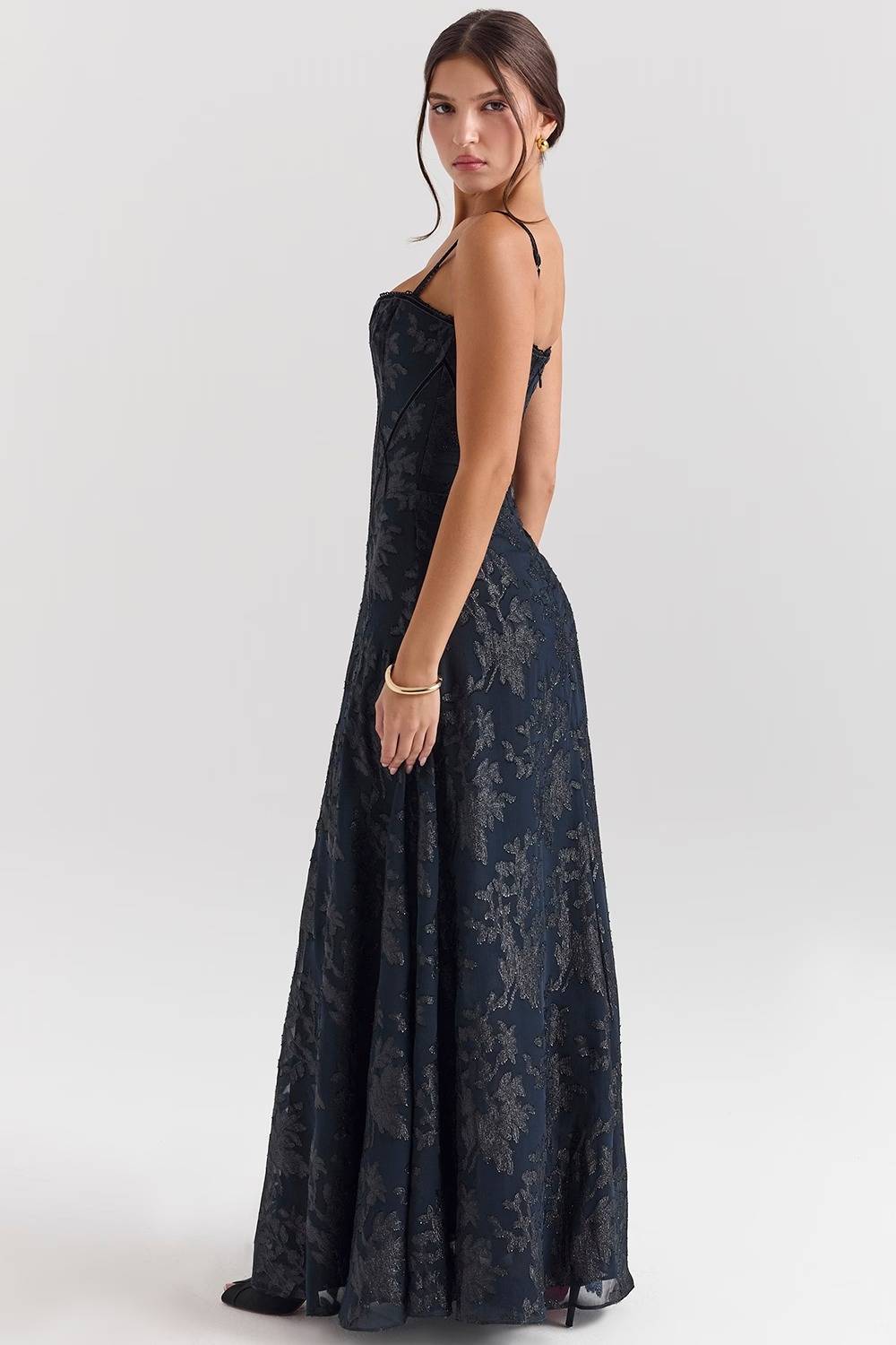 Midnight Blue Lurex Chiffon Maxi Dress  Gemma Chic