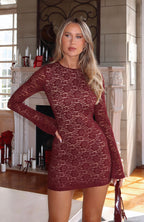 Naughty Or Nice Long Sleeve Lace Mini Dress Burgundy  GEMMACHIC