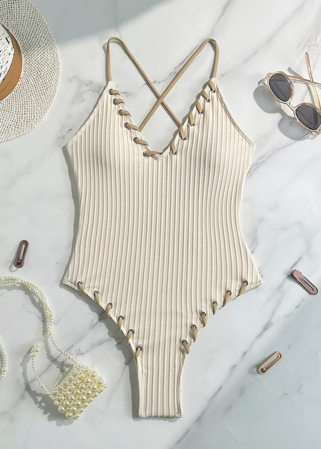 Lena - Ribbed Lace-Up One Piece Swimsuit  GEMMACHIC