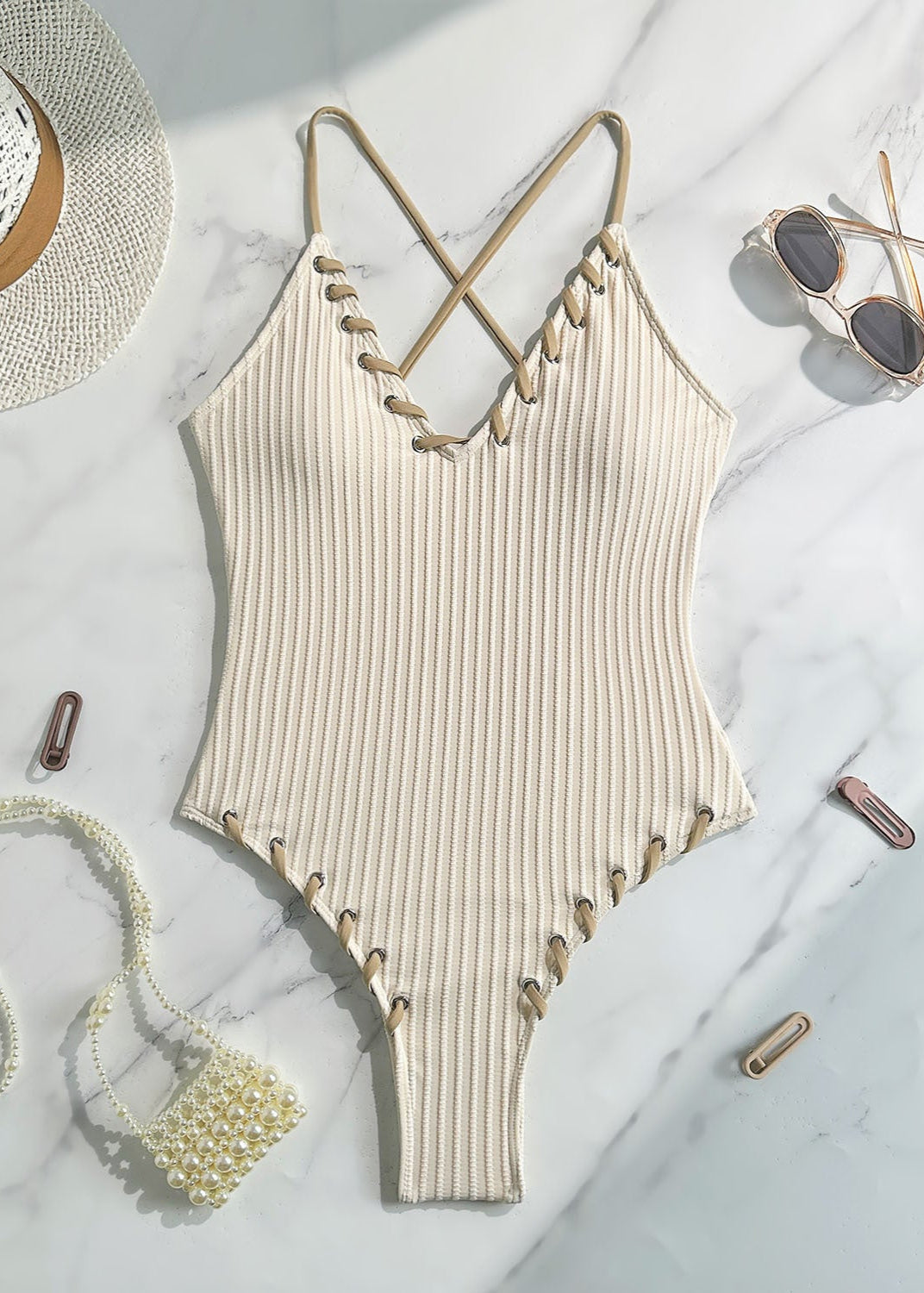 Lena - Ribbed Lace-Up One Piece Swimsuit  GEMMACHIC