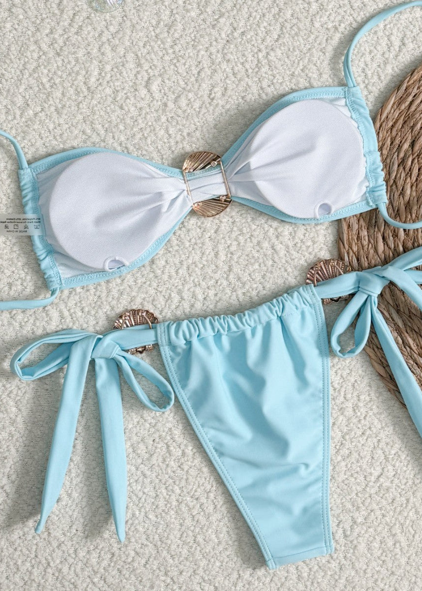 Isla Shell Detail Bikini Set ¨C Light Blue Tie Side Swimwear  GEMMACHIC