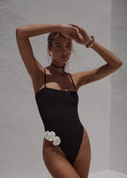 Noir Bloom One-Piece Swimsuit with 3D Floral Accents  GEMMACHIC