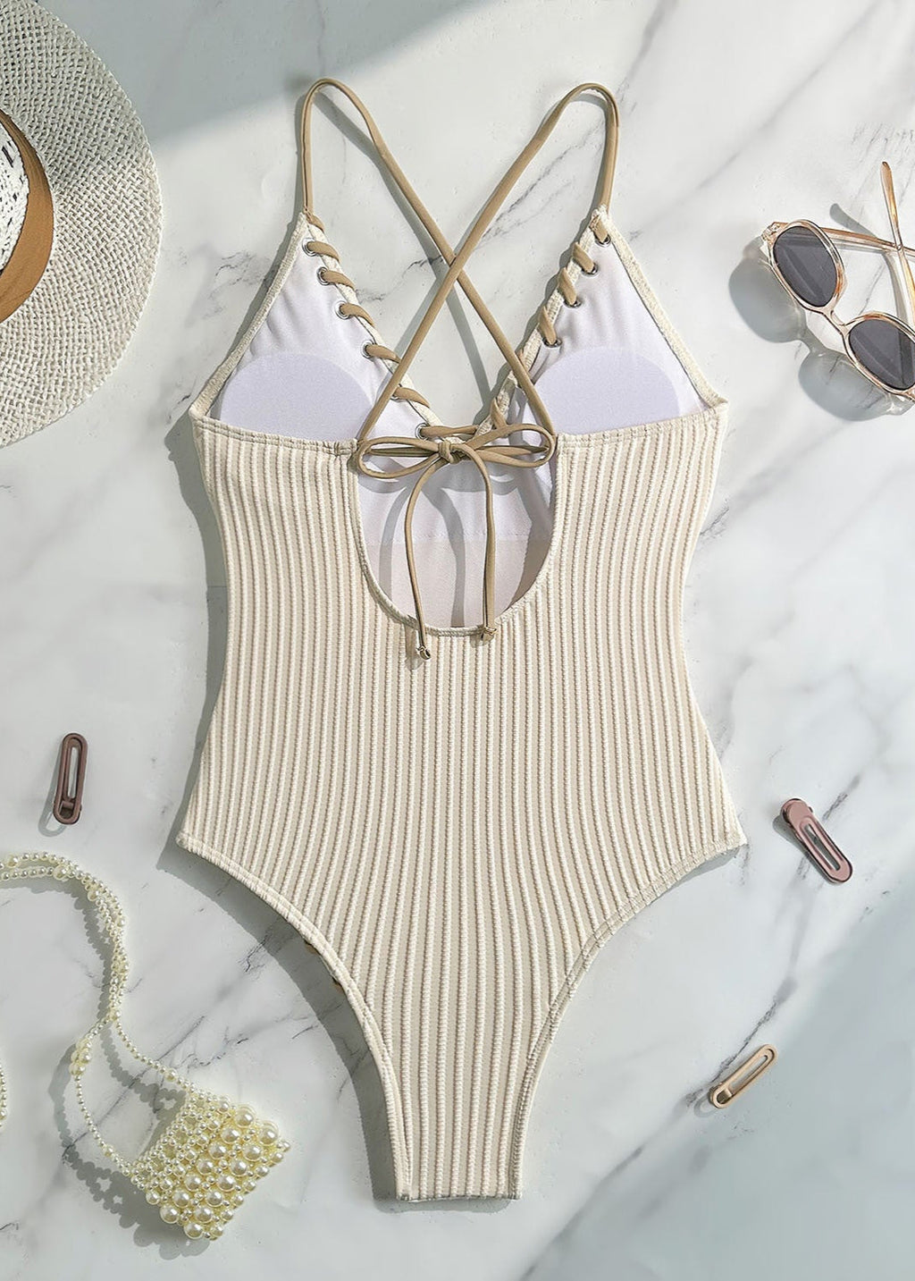 Lena - Ribbed Lace-Up One Piece Swimsuit  GEMMACHIC