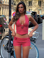PIAI CORSET TOP AND SHORTS POLKA DOT TWO-PIECE SET IN RED  GEMMACHIC