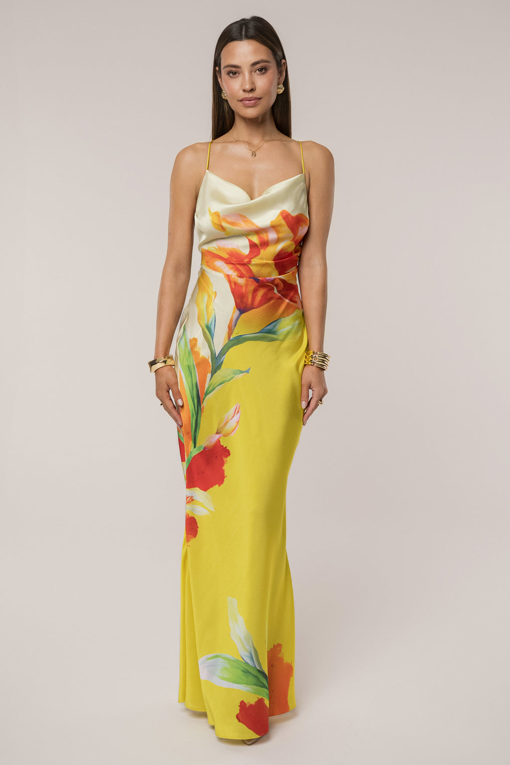 Yellow Satin Floral Print Maxi Dress