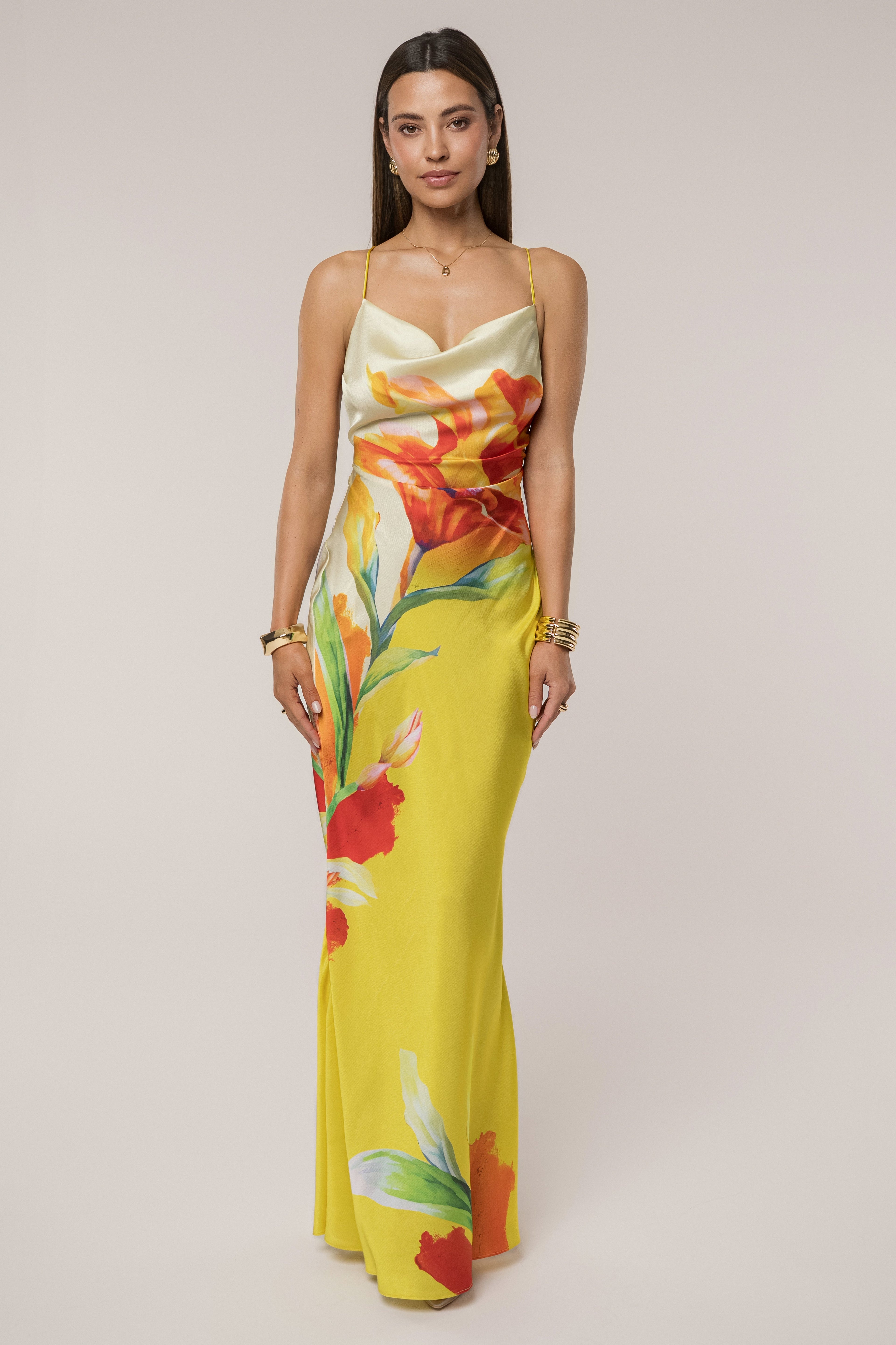 Yellow Satin Floral Print Maxi Dress