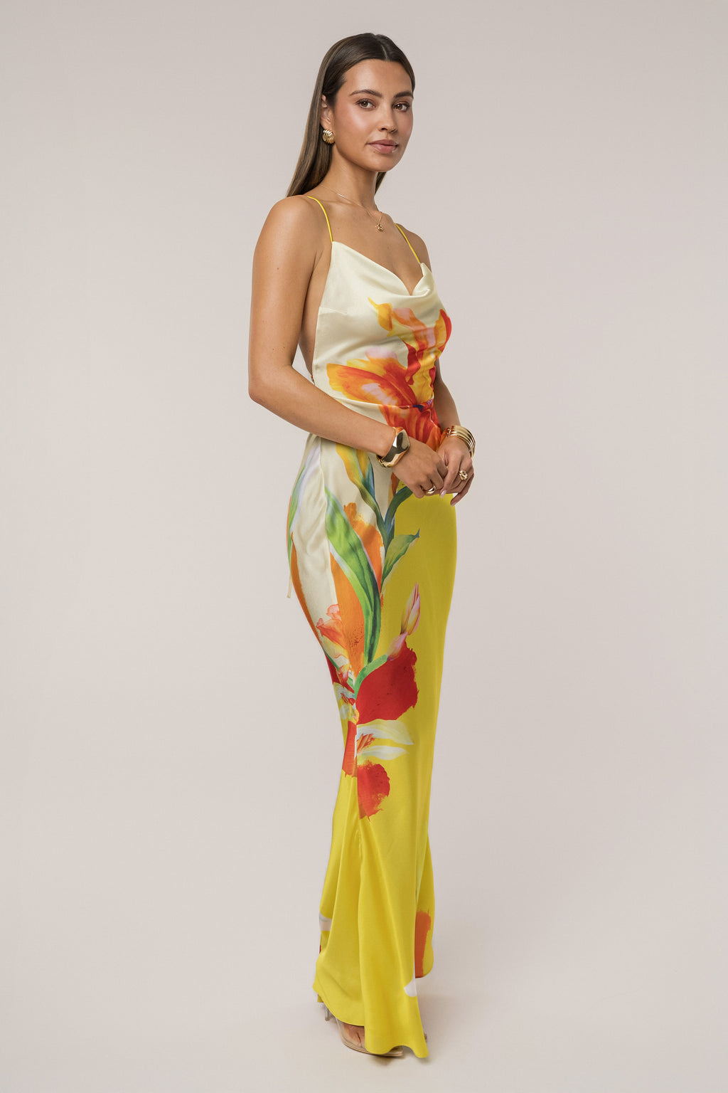 Yellow Satin Floral Print Maxi Dress