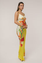 Yellow Satin Floral Print Maxi Dress