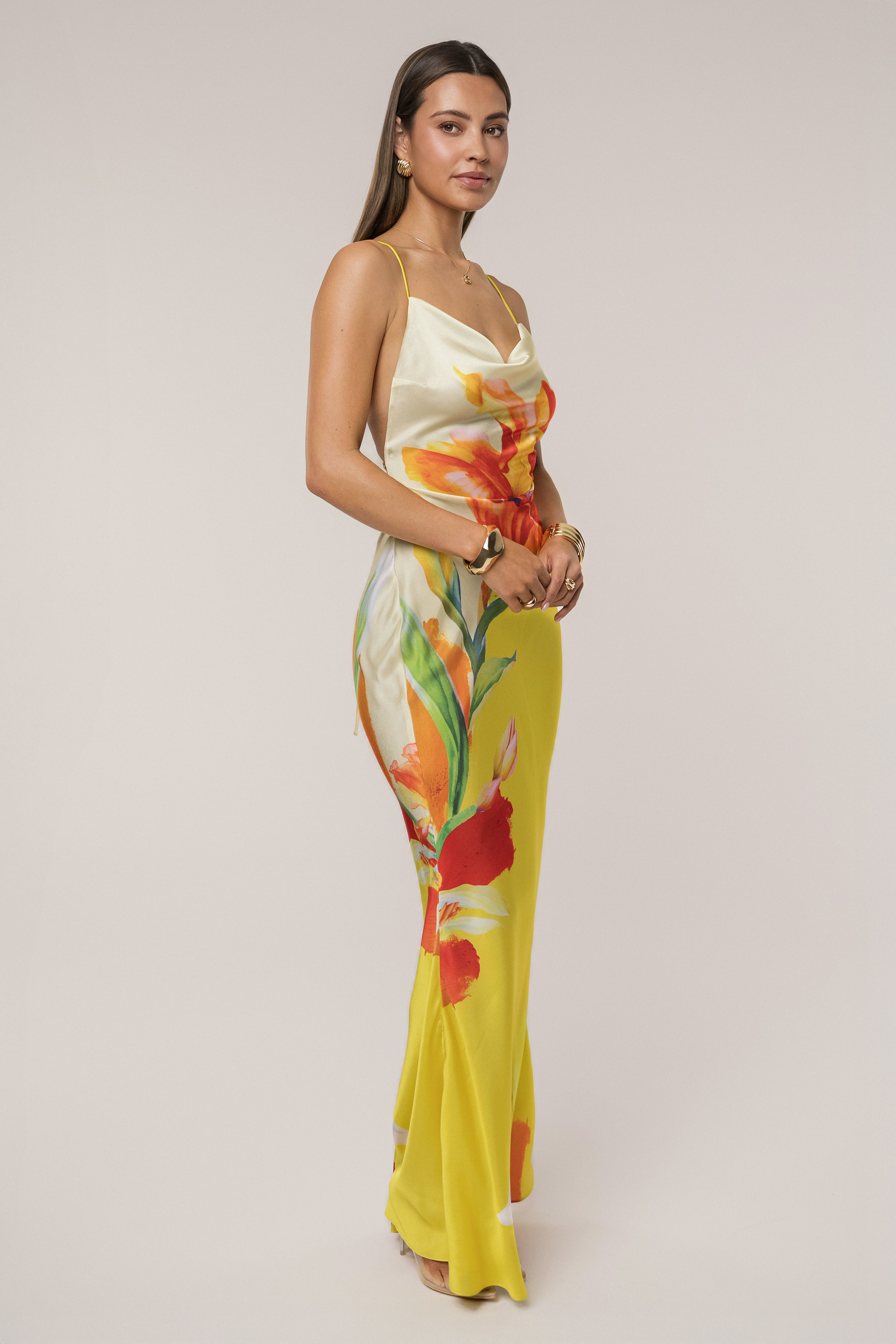 Yellow Satin Floral Print Maxi Dress