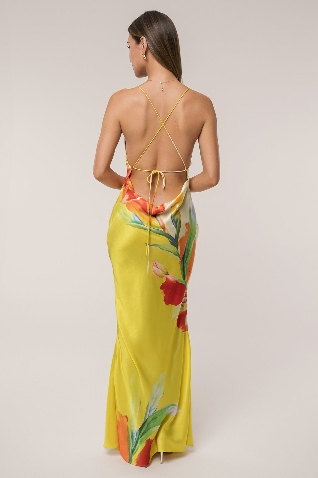 Yellow Satin Floral Print Maxi Dress