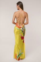 Yellow Satin Floral Print Maxi Dress