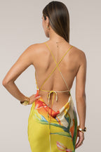 Yellow Satin Floral Print Maxi Dress