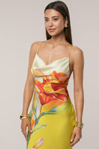 Yellow Satin Floral Print Maxi Dress