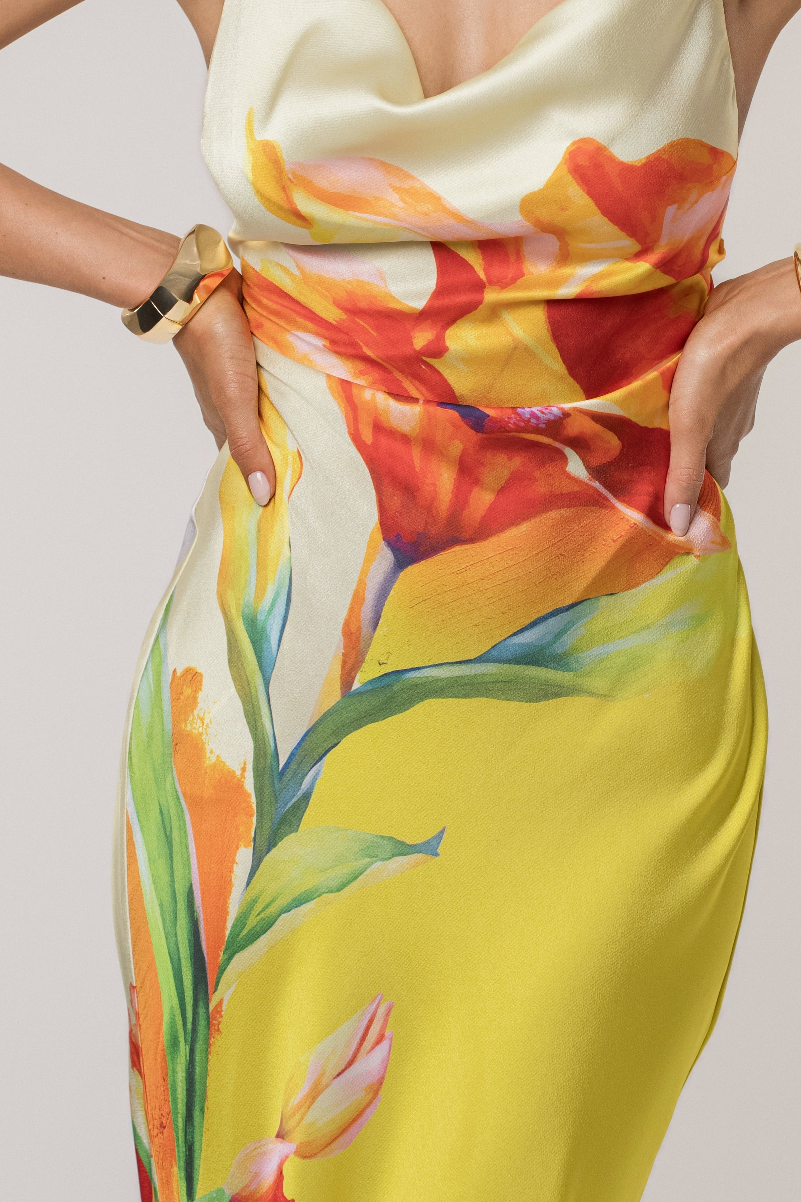 Yellow Satin Floral Print Maxi Dress
