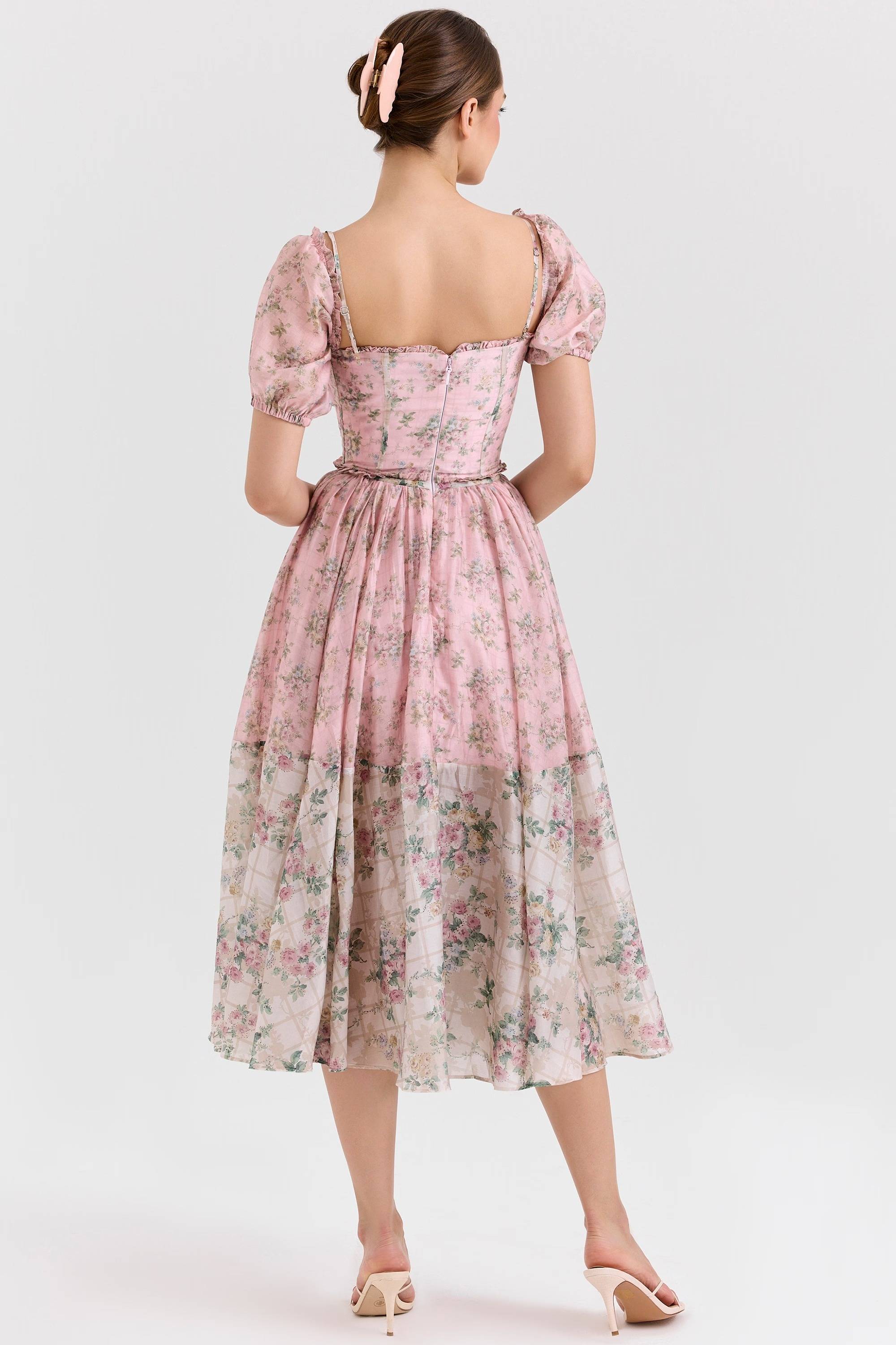 PENELOPE Pink Floral Chiffon Midi Dress  Gemma Chic