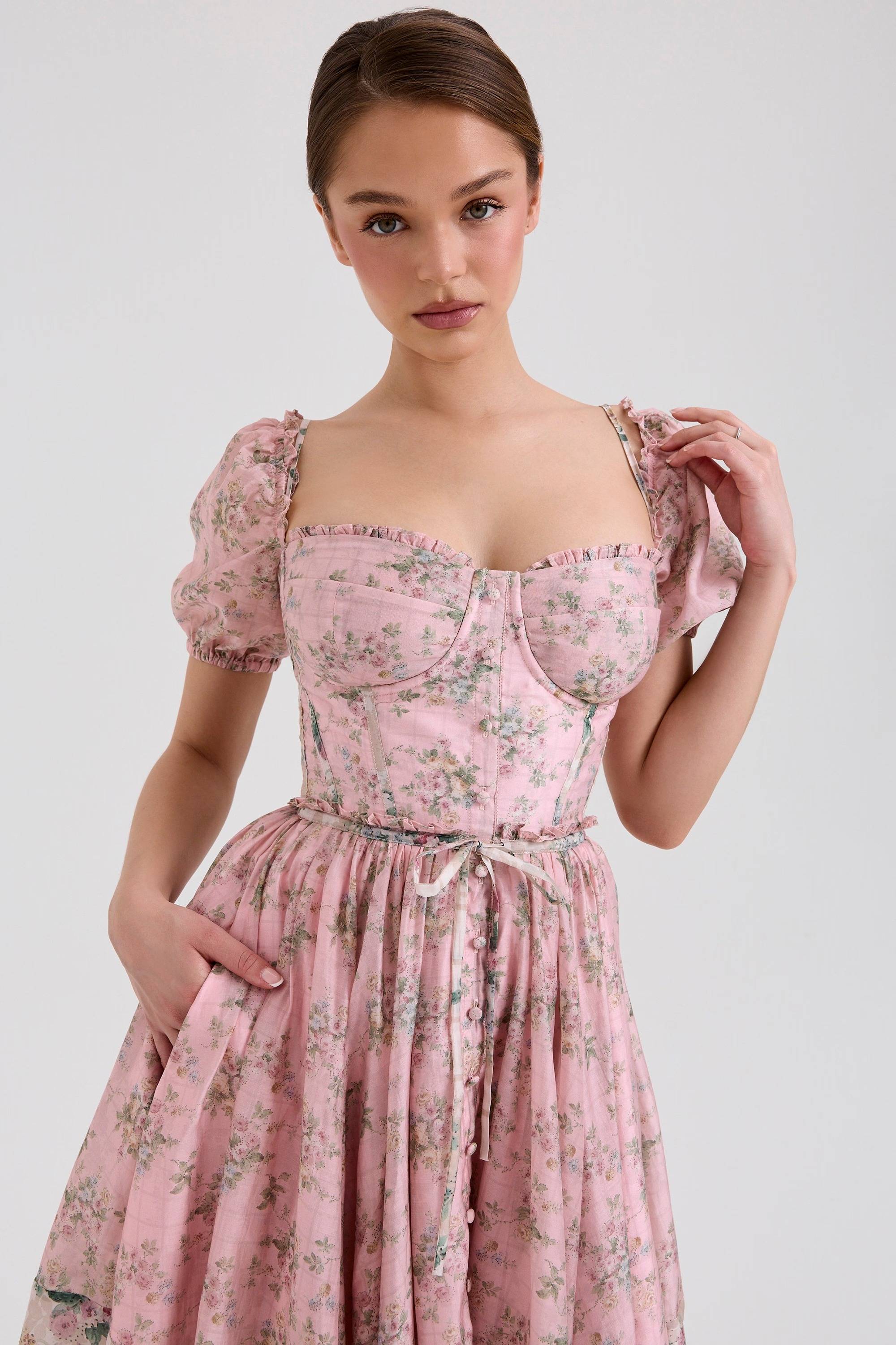 PENELOPE Pink Floral Chiffon Midi Dress  Gemma Chic