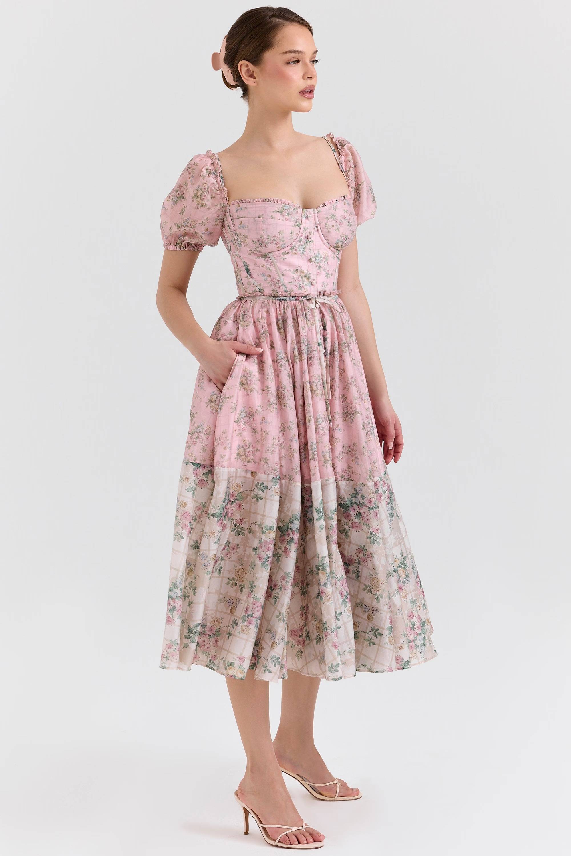 PENELOPE Pink Floral Chiffon Midi Dress  Gemma Chic