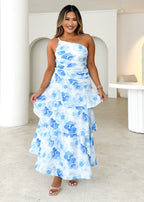 Aspra One Shoulder Midi Dress - Blue Flowers  GEMMACHIC