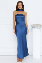 Precious Pearl Satin Maxi Dress Navy  GEMMACHIC
